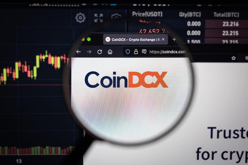 CoinDCX crypto exchange logo on a website with blurry stock market developments in the background, seen on a computer screen through a magnifying glass