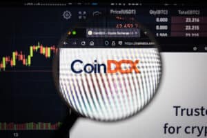 CoinDCX crypto exchange logo on a website with blurry stock market developments in the background, seen on a computer screen through a magnifying glass