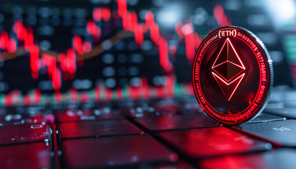 Ethereum ETH in downtrend and price falling down on dark red background.
