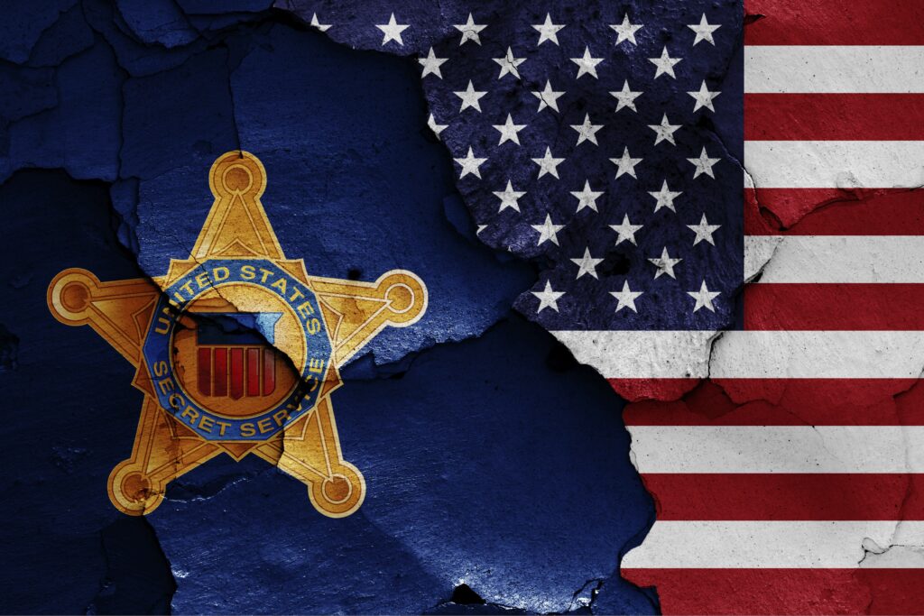 Flags of United States Secret Service and USA painted on cracked wall