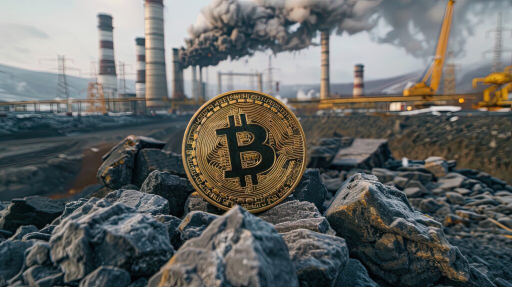 High-energy Bitcoin mining scene highlighting pollution issues