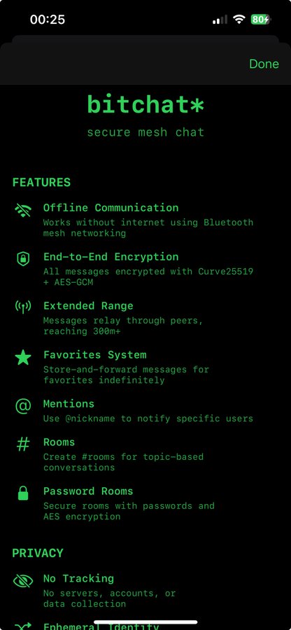 Jack Dorsey tweet showcasing Bitchat, a Bluetooth-based encrypted offline chat app with IRC-style features.