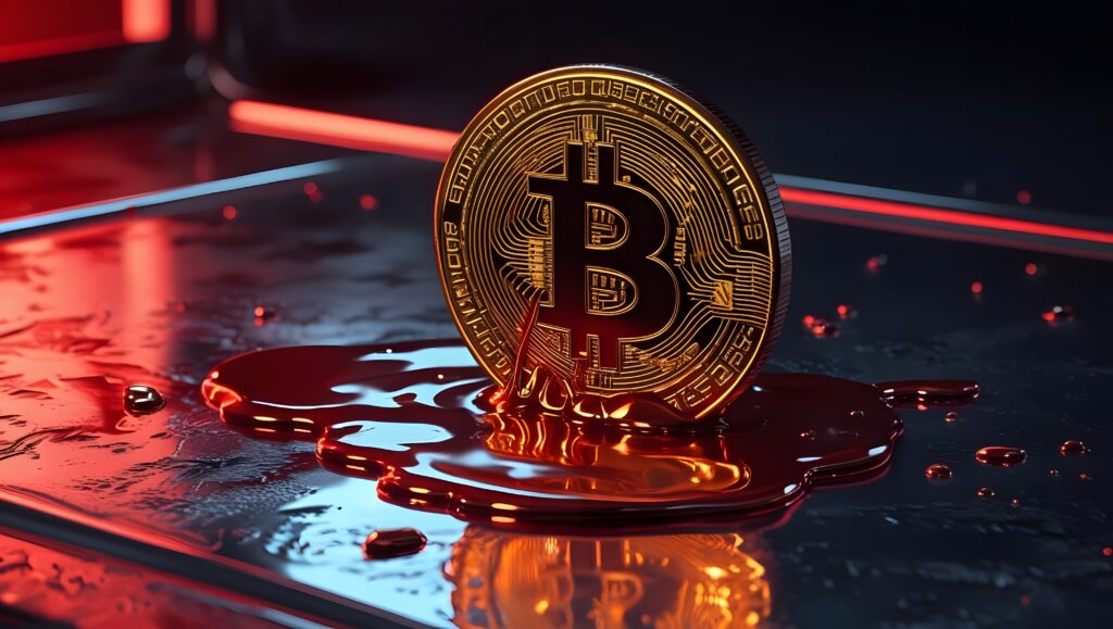 Melting Bitcoin coin on reflective surface with red ambient lighting concept of cryptocurrency crash