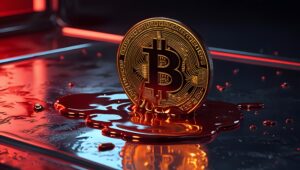 Melting Bitcoin coin on reflective surface with red ambient lighting concept of cryptocurrency crash