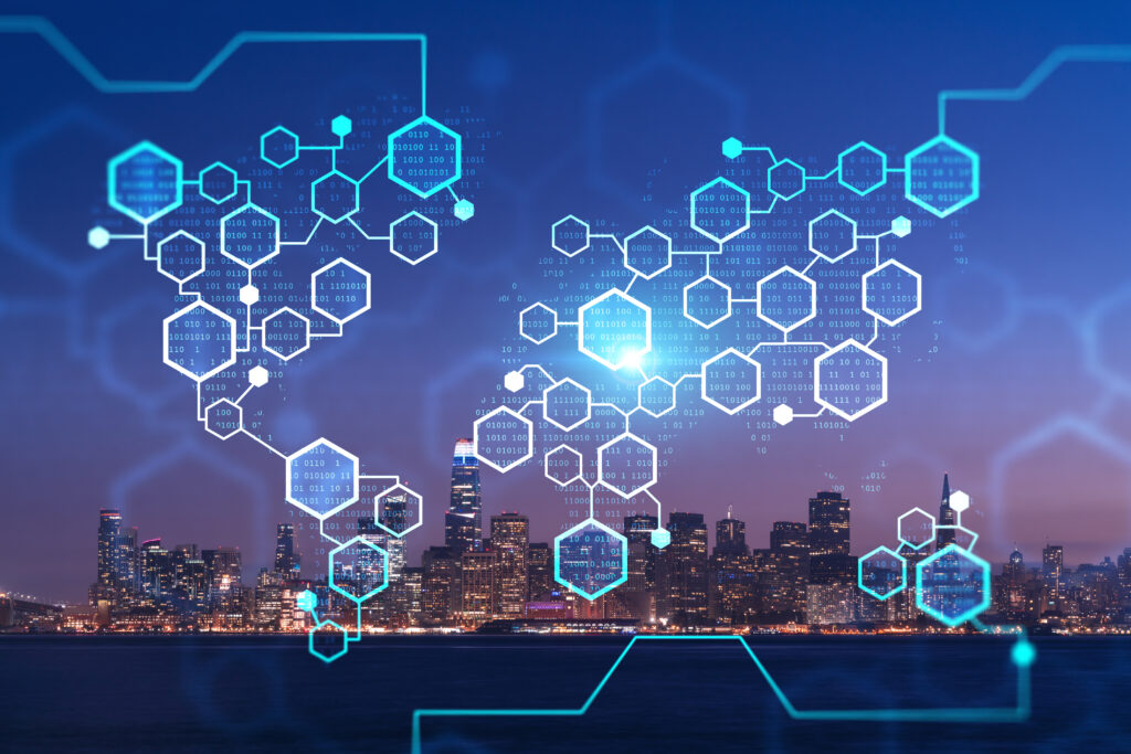 Skyline of San Francisco Panorama at Illuminated night time from Treasure Island, California, United States. Decentralized economy. Blockchain, cryptography and cryptocurrency concept, hologram