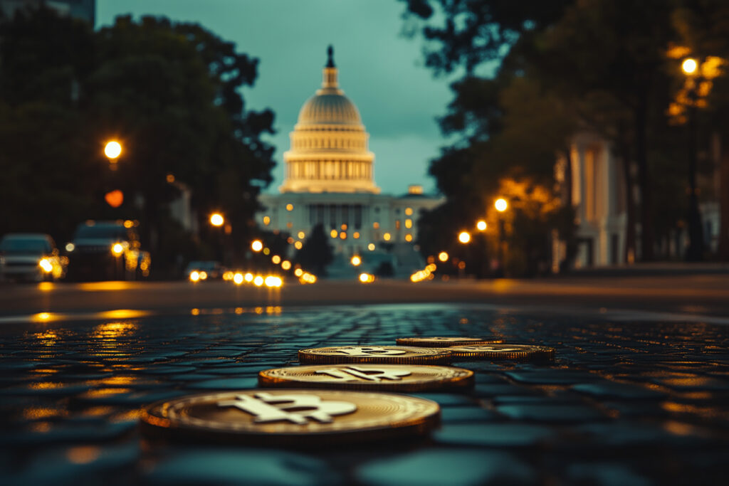 The image depicts Bitcoin coins in the foreground with the U.S. Capitol building in the background, symbolizing the intersection of cryptocurrency and government