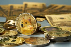 Variety of cryptocurrency coins including a dogecoin coin and a wow inscription