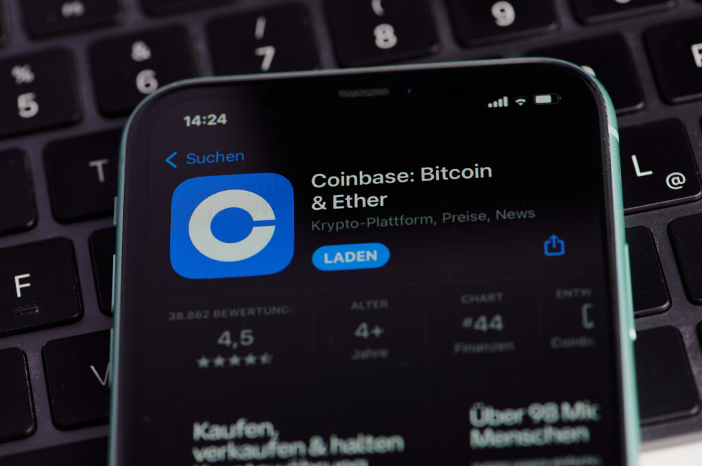 icon of the coinbase app on smartphone screen in Germany