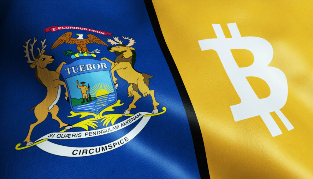 3D Waving Michigan and Bitcoin Flag
