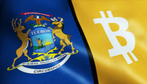 3D Waving Michigan and Bitcoin Flag