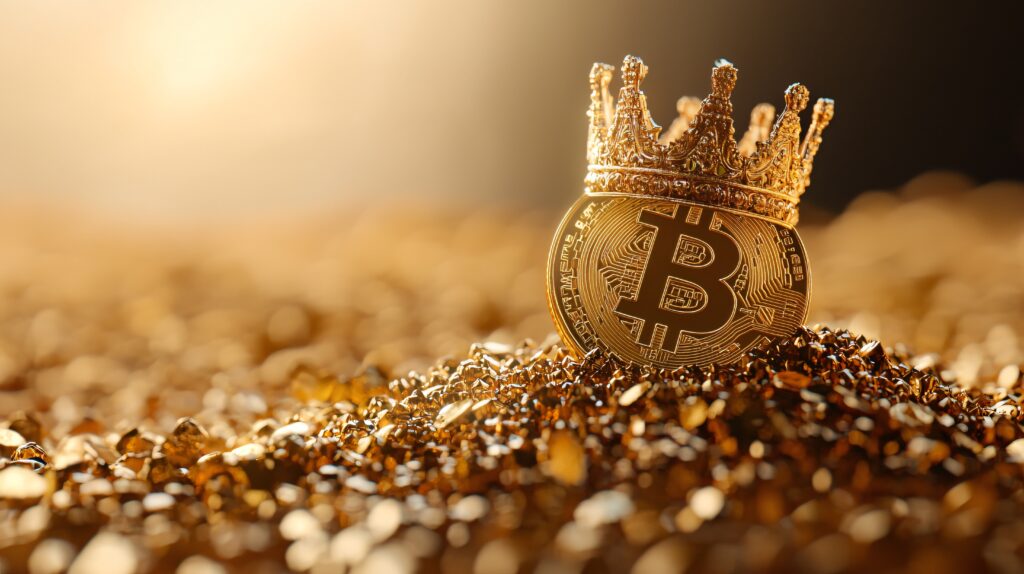 A Bitcoin coin with a crown on a bed of gold nuggets, symbolizing wealth and digital currency.