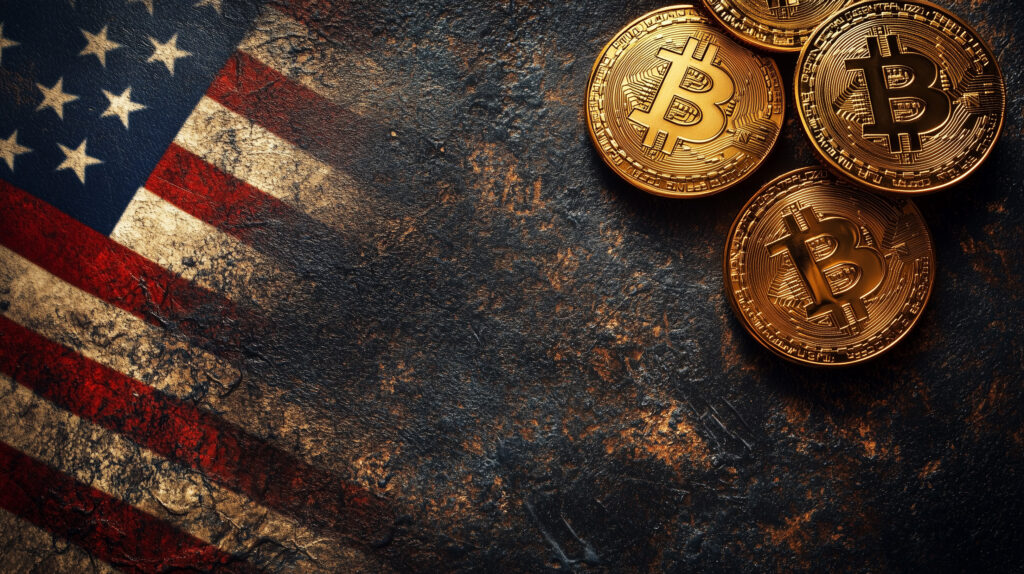 Bitcoin in front of an american flag