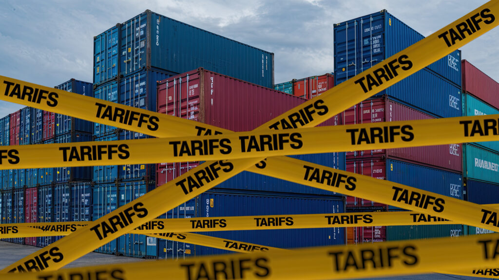 Cargo Containers in Port with Yellow 'TARIFFS' Caution Tapes and American Flag Design, Overcast Sky Background.