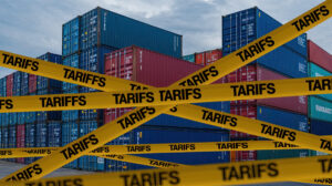 Cargo Containers in Port with Yellow 'TARIFFS' Caution Tapes and American Flag Design, Overcast Sky Background.
