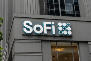 Close up of SoFi sign and logo on the building in San Francisco, California, USA.