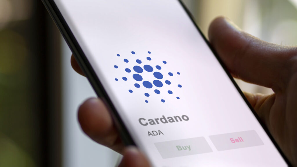 Close up on logo of ADA cardano on the screen of an exchange.