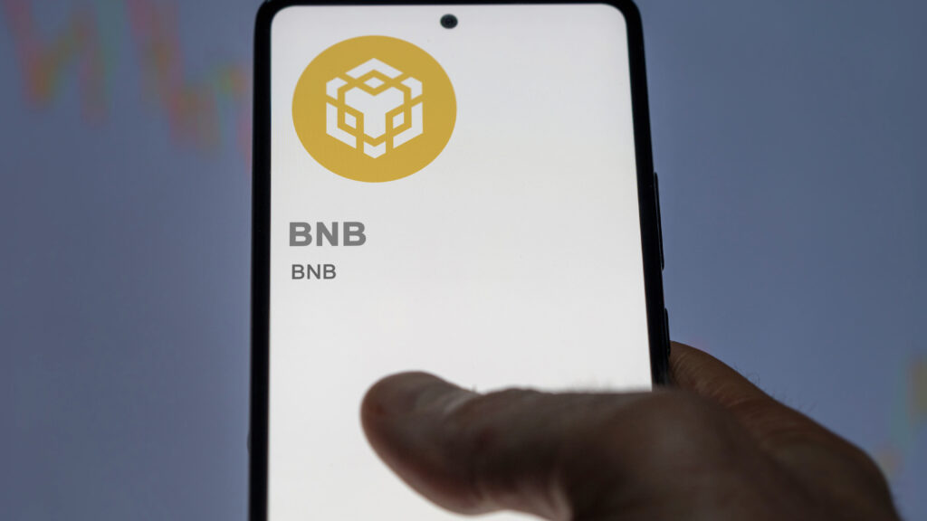 Close up on logo of BNB crypto asset on the screen of an exchange.