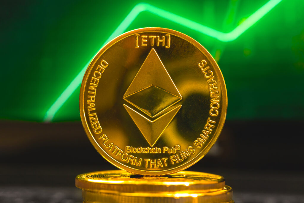Ethereum ETH coin on green stock chart graph background, close-up