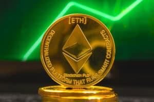 Ethereum ETH coin on green stock chart graph background, close-up