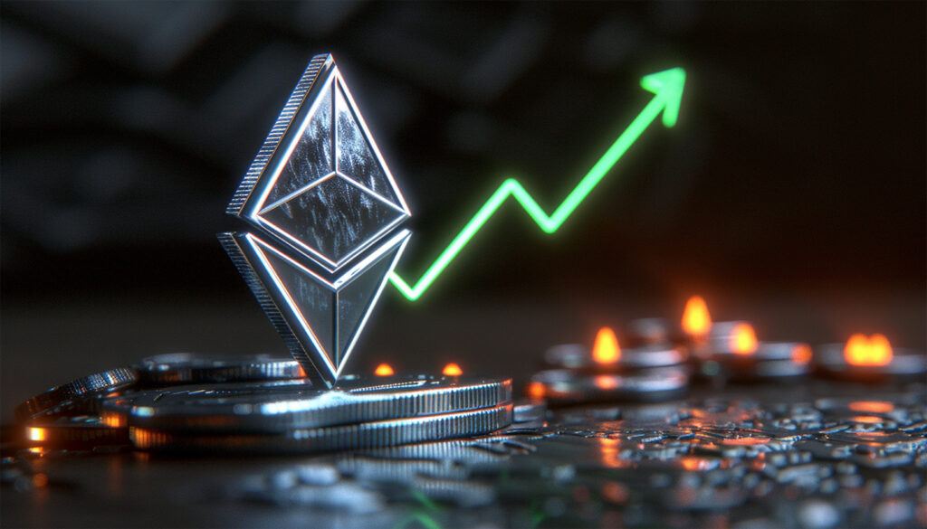Ethereum cryptocurrency with rising up candle stick graph chart.