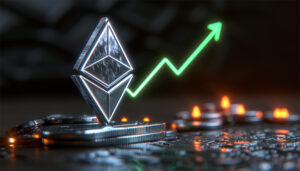 Ethereum cryptocurrency with rising up candle stick graph chart.