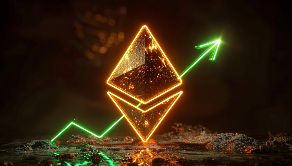 Ethereum cryptocurrency with rising up candle stick graph chart.