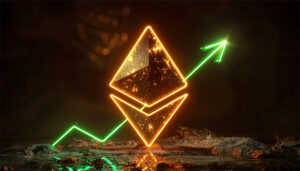 Ethereum cryptocurrency with rising up candle stick graph chart.