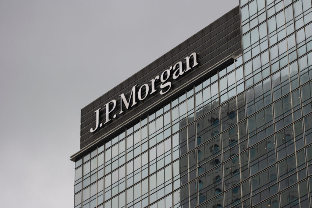 Morgan logo is seen at its Hong Kong office.