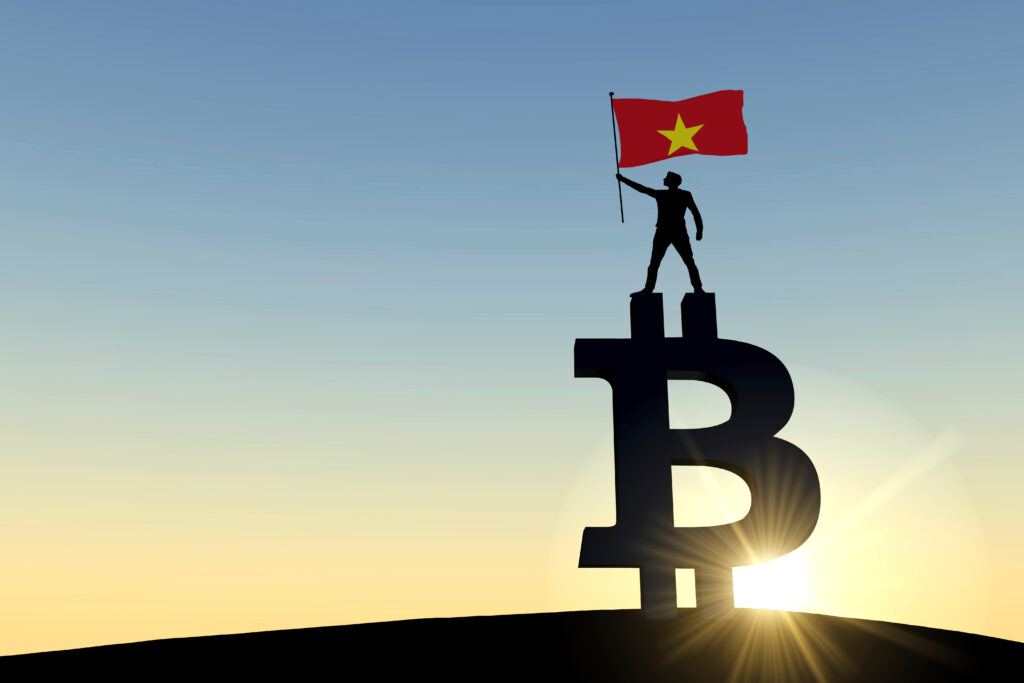 Person waving a vietnam flag standing on top of a bitcoin cryptocurrency symbol.