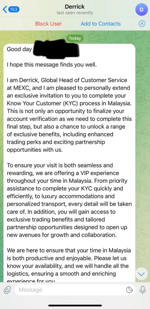 Telegram message allegedly from MEXC inviting trader to Malaysia for in-person KYC and VIP perks.