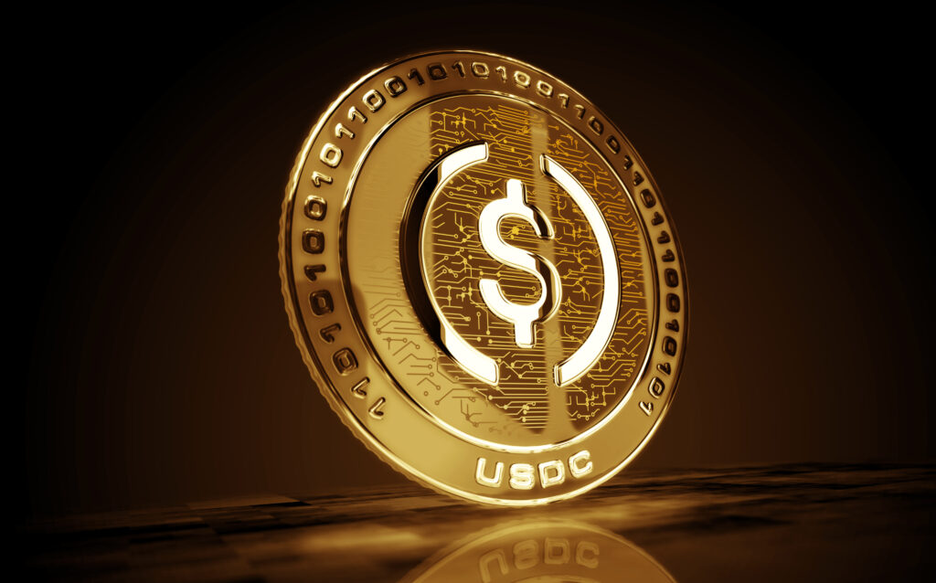 USDC USD Coin stablecoin cryptocurrency golden coin 3d illustration