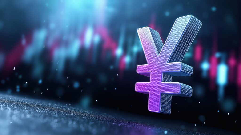 rendered yen symbol on a digital - looking background