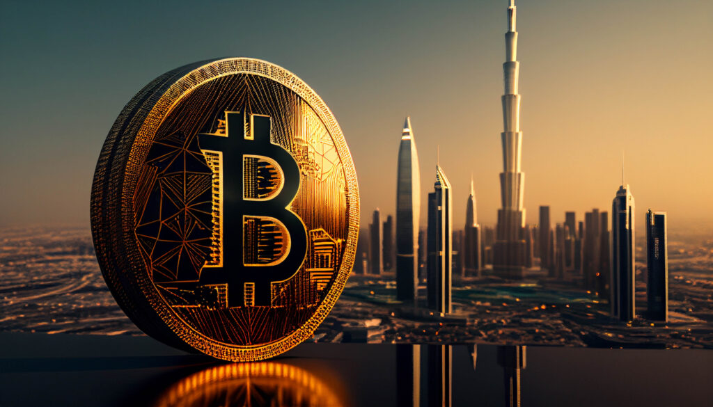 symbol of bitcoin next to Dubai skyscrapers. Crypto currency background.