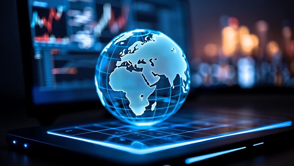 A Crystal Globe Resting on a Glowing Laptop Keyboard, Financial Markets and Global Business in the Digital Age