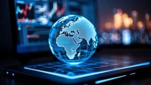 A Crystal Globe Resting on a Glowing Laptop Keyboard, Financial Markets and Global Business in the Digital Age