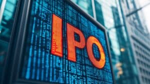 A digital display showing IPO amidst a backdrop of stock market data, highlighting the financial focus of initial public offerings.