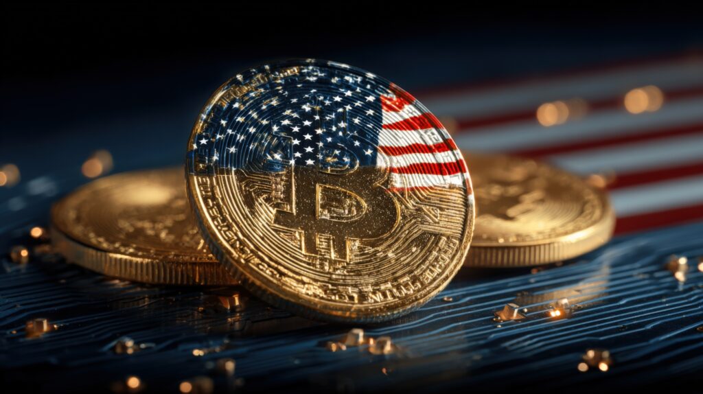Bitcoin Cryptocurrency with American Flag Overlay