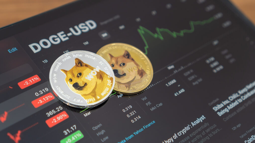 Dogecoin Doge coin cryptocurrency, digital crypto currency tokens for defi decentralized financial banking p2p global investment financial business stock market