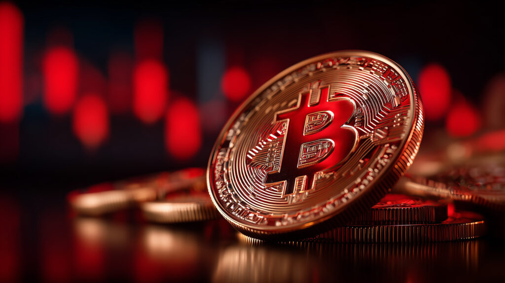 Dramatic cryptocurrency downturn symbolised by a red lit Bitcoin coin against a bearish trading backdrop.