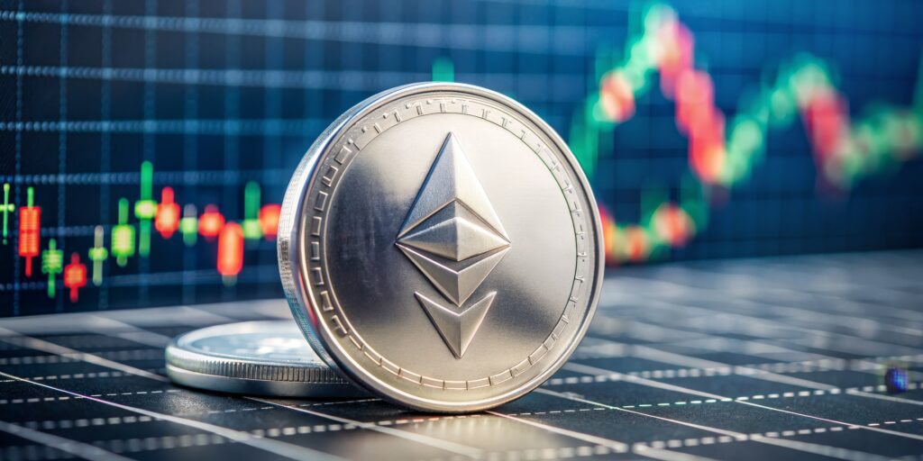 Ethereum cryptocurrency, silver coin on chart, crypto trading, blockchain, digital money