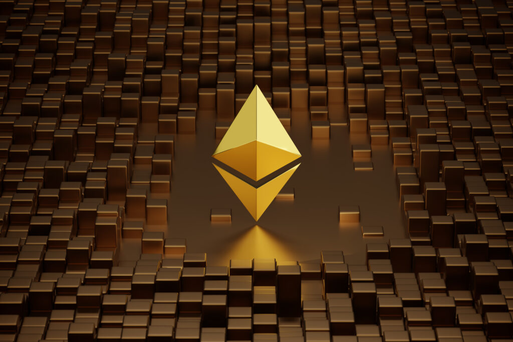 Golden Ethereum symbol surrounded by metallic cubes.