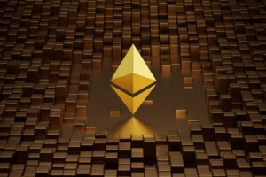 Golden Ethereum symbol surrounded by metallic cubes.