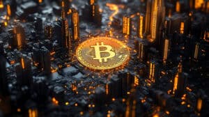 Golden bitcoin coin rests in the center of a futuristic city built on a circuit board.