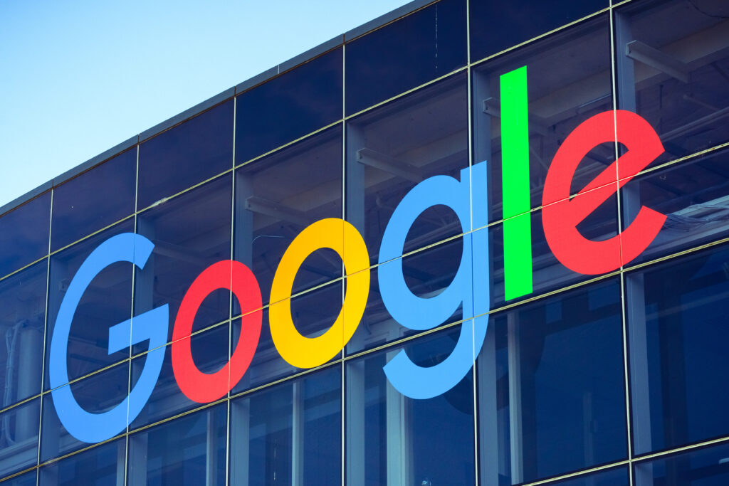 Google logo on one of the buildings situated in Googleplex.