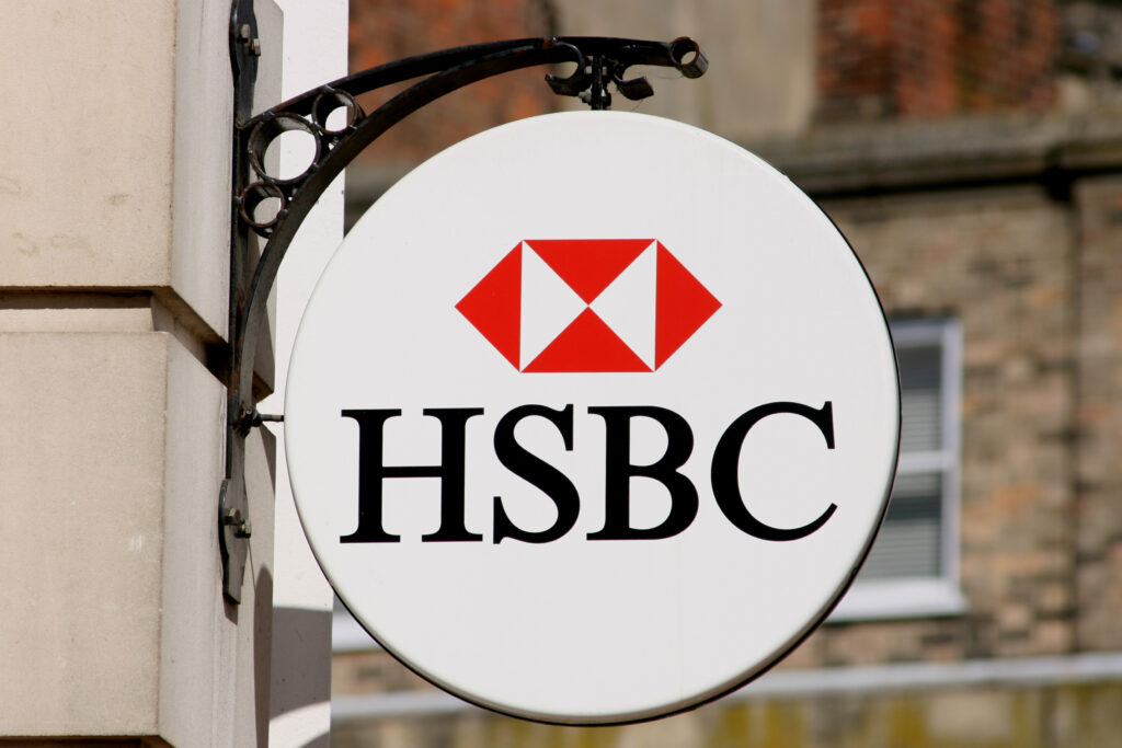 HSBC bank sign, High Street, Chelmsford, Essex, England