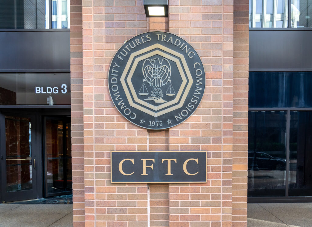 Sign of The U.S. Commodity Futures Trading Commission (CFTC) at its headquarters in Washington, an agency of the US government.
