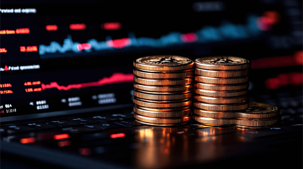 Stacks of gold crypto coins with a financial market chart in the background.