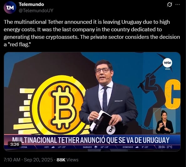 Telemundo Uruguay post on X reporting that Tether is leaving Uruguay due to high energy costs.