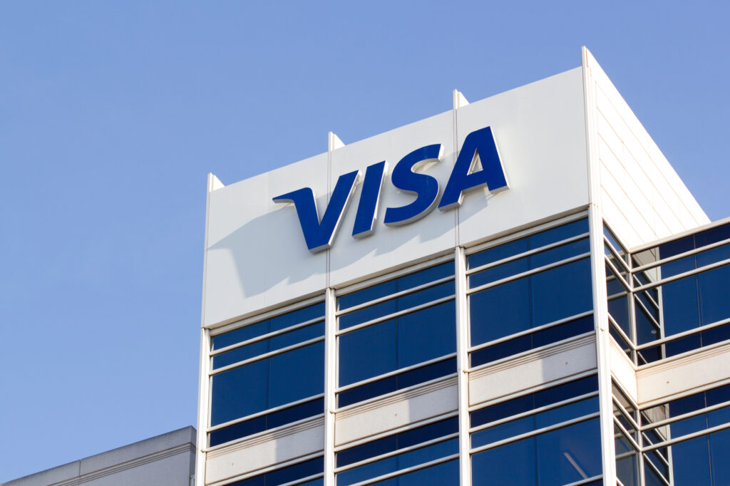 The VISA logo is seen at the global payments technology company VISA, Inc.'s Headquarters in Foster City, California, United States.