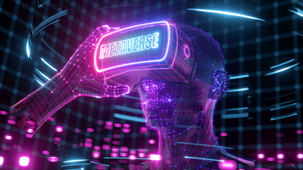 Visualization of a man wearing virtual reality glasses, electronic head device